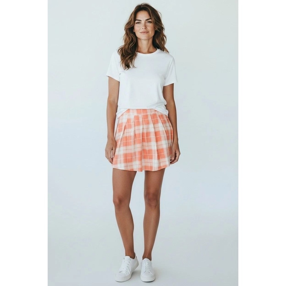 Promesa Orange Cream Plaid Pleated Mini Skirt Elastic Back A-Line Size Small New